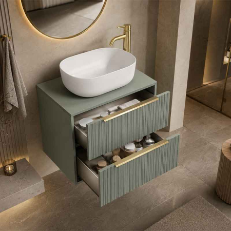 Mobilier pentru lavoar - Mobilier baie suspendat pentru lavoar pe blat 80 cm, cu 2 sertare, front riflat, salvia cu manere aurii, Fluminia Istria