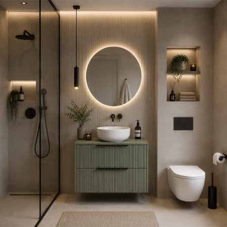 Mobilier pentru lavoar - Mobilier baie suspendat pentru lavoar pe blat 80 cm, cu 2 sertare, front riflat, salvia cu manere negre, Fluminia Istria