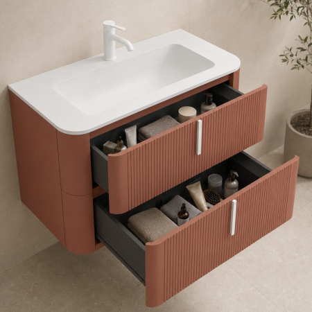 Mobilier suspendat pentru lavoar 100×46 cm, cu front riflat mattone cu manere alb mat, Fluminia Pisa [2]