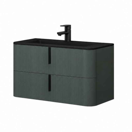 Mobilier pentru lavoar - Mobilier suspendat pentru lavoar 100×46 cm, cu front riflat verde Italia cu manere negre, Fluminia Pisa