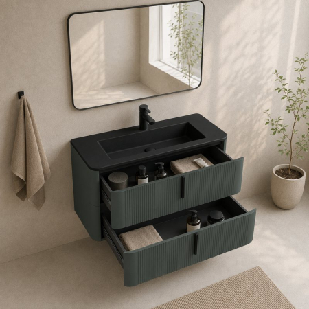 Mobilier suspendat pentru lavoar 100×46 cm, cu front riflat verde Italia cu manere negre, Fluminia Pisa [2]