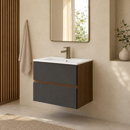 Mobilier pentru lavoar - Mobilier suspendat pentru lavoar 60 cm, front neted nero mat, cu laterale rovere moka, Fluminia  Genova