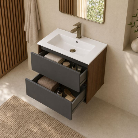 Mobilier suspendat pentru lavoar 60 cm, front neted nero mat, cu laterale rovere moka, Fluminia  Genova [1]