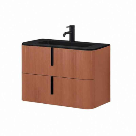 Mobilier pentru lavoar - Mobilier suspendat pentru lavoar 80×46 cm, cu front riflat mattone cu manere negre, Fluminia Pisa