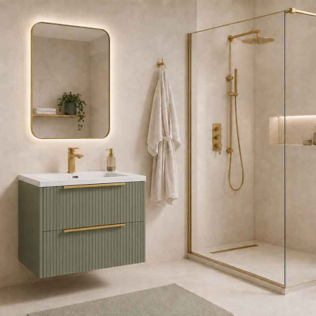 Mobilier suspendat pentru lavoar 80 cm cu front riflat, salvia, cu manere aurii, Fluminia Istria [0]