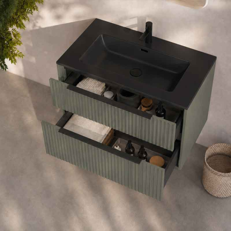 Mobilier suspendat pentru lavoar 80 cm cu front riflat, salvia, cu manere negre, Fluminia Istria [2]