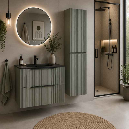 Mobilier suspendat pentru lavoar 80 cm cu front riflat, salvia, cu manere negre, Fluminia Istria [0]