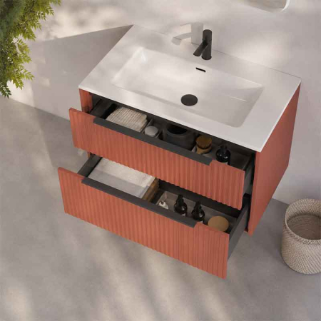 Mobilier suspendat pentru lavoar 80 cm, mattone, front riflat, cu maner negru, Fluminia Istria [2]