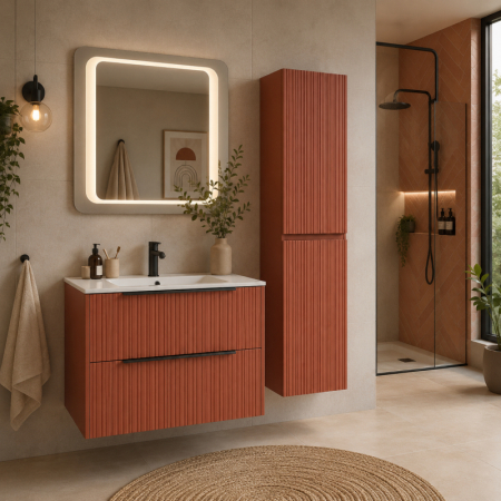 Mobilier pentru lavoar - Mobilier suspendat pentru lavoar 80 cm, mattone, front riflat, cu maner negru, Fluminia Istria