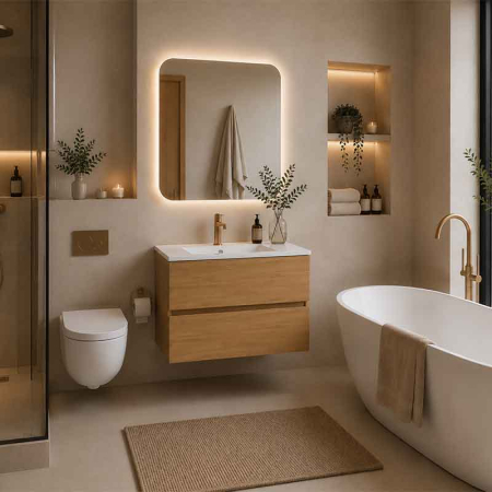 Mobilier suspendat pentru lavoar 80 cm, rovere naturale, Fluminia Genova [0]