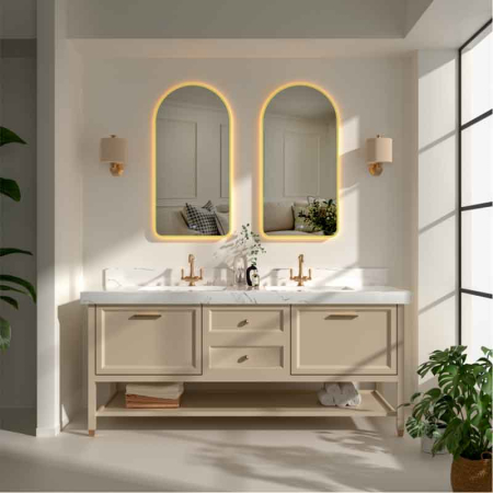 Oglinzi baie - Oglinda baie 50x100 cm cu LED, dezaburire si lumina ambientala, rama din aluminiu aurie, Fluminia Gaudi
