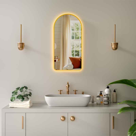 Oglinzi baie - Oglinda baie 50x100 cm, dezaburire, ceas și bluetooth, lumina interna și ambientala, rama bronz, Fuminia Cosimo