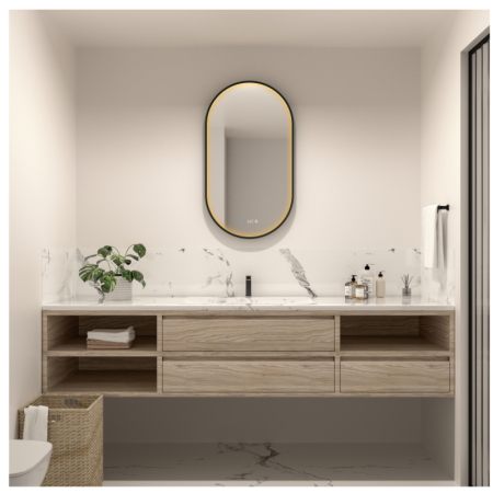 Oglinzi baie - Oglinda baie 50x100 cm, dezaburire, ceas si iluminare perimetrala cu difuzor acrilic, rama neagra, Fluminia Canaria