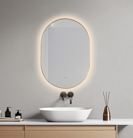 Mobilier baie - Oglinda baie 60x85 cm, reversibila, cu iluminare LED, rama slim aurie si senzor miscare, Belform Fortuna