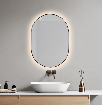 Mobilier baie - Oglinda baie 60x85 cm, reversibila, cu iluminare LED, rama slim neagra si senzor miscare, Belform Infinity