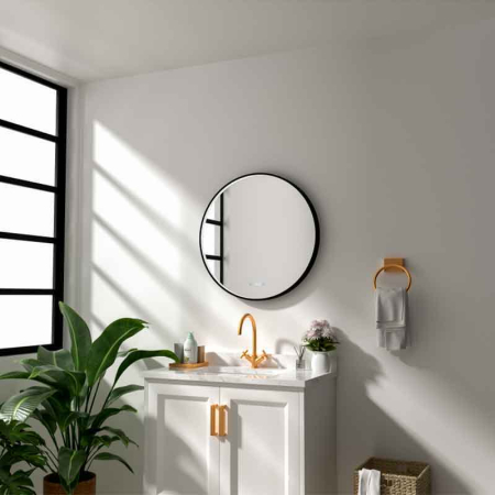 Oglinzi baie - Oglinda baie 70 cm cu dezaburire, ceas si iluminare perimetrala, rama neagra, Fluminia Aster