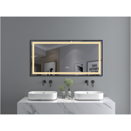 Mobilier baie - Oglinda baie cu iluminare LED 3 culori, intrerupator Touch, ceas, functie dezaburire, 120x60 cm, rama aluminiu neagra, Belform Infinity