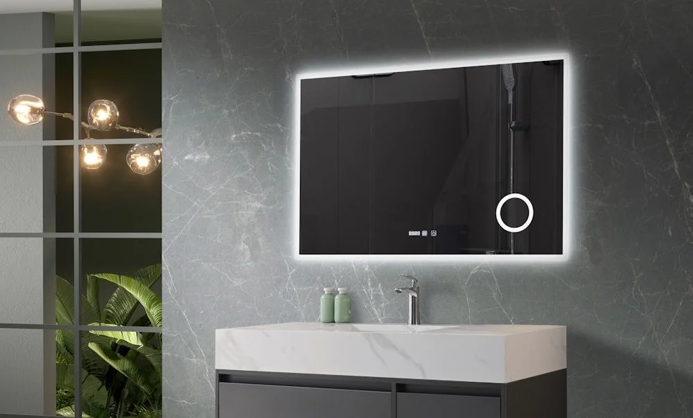 Mobilier baie - Oglinda baie cu iluminare LED 3 culori, intrerupator Touch, ceas, lupa, functie dezaburire, 120x80 cm Belform Atlantis