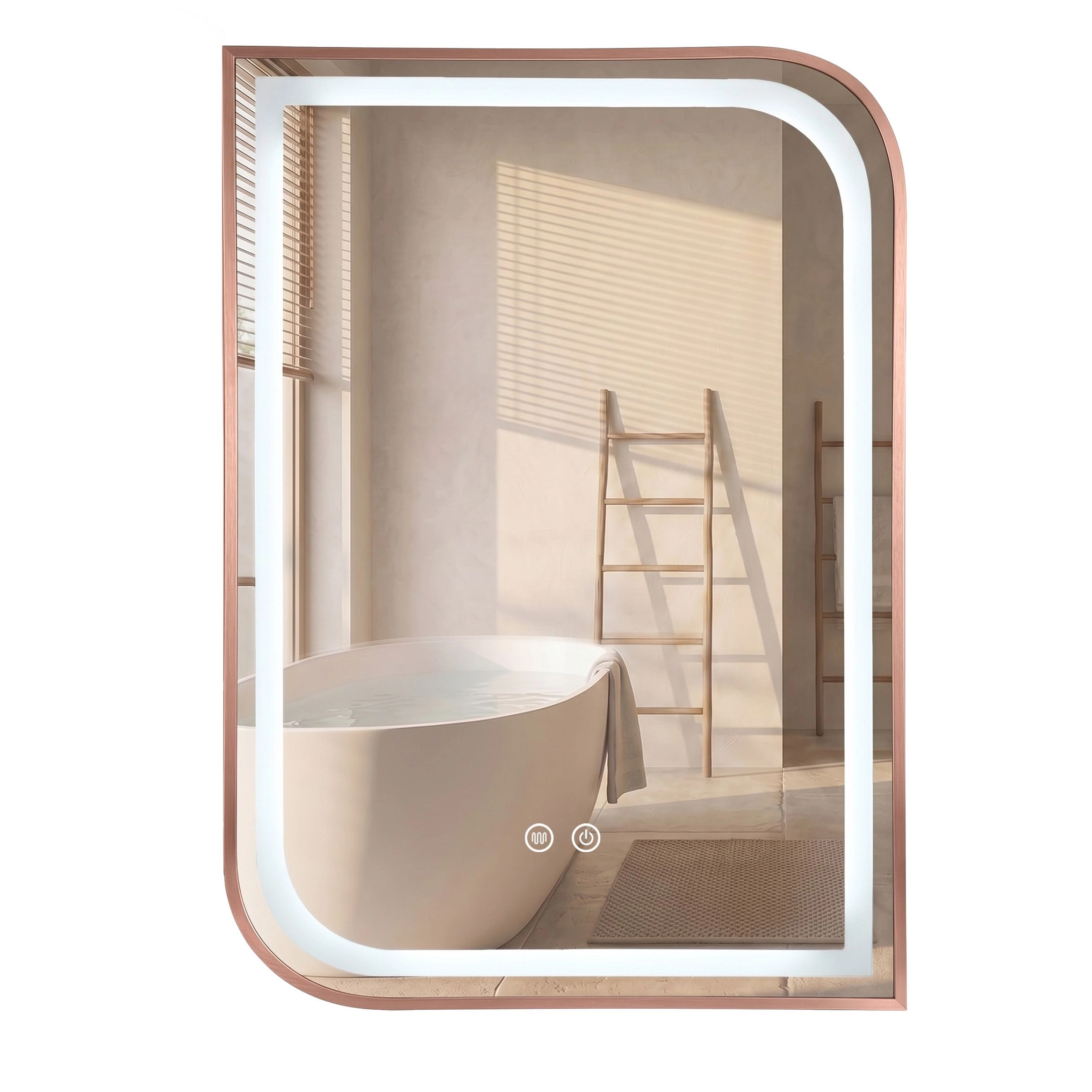 Oglinzi baie - Oglinda baie cu iluminare LED 80x60 cm, cu functie dezaburire, rama auriu roz periat, Rea Zone
