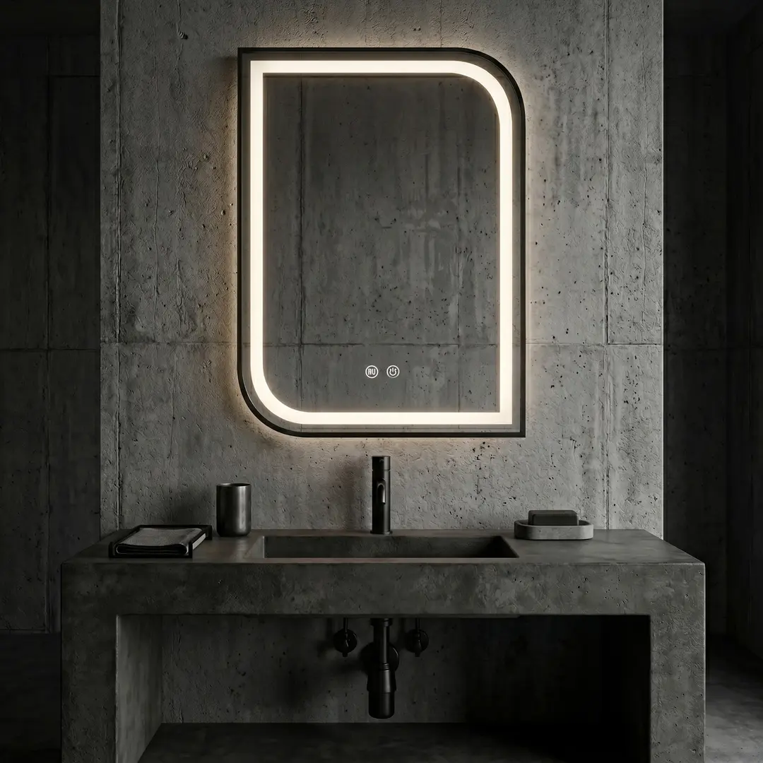 Oglinda baie cu iluminare LED 80x60 cm, cu functie dezaburire, rama negra, Rea Zone [2]