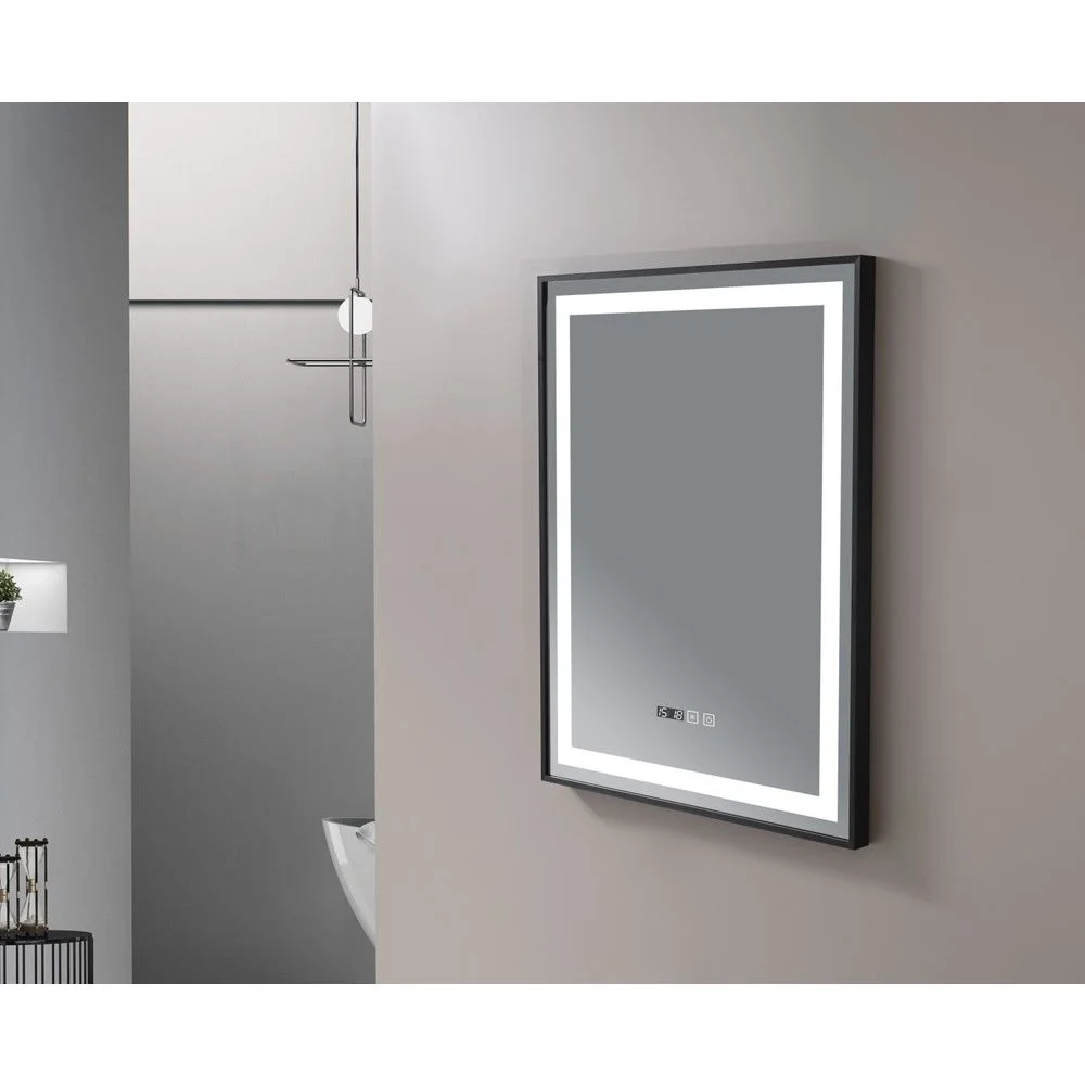Oglinda baie cu iluminare LED, ceas si sistem anti-aburire 60x80 cm, rama neagra, Belform Infinity [2]