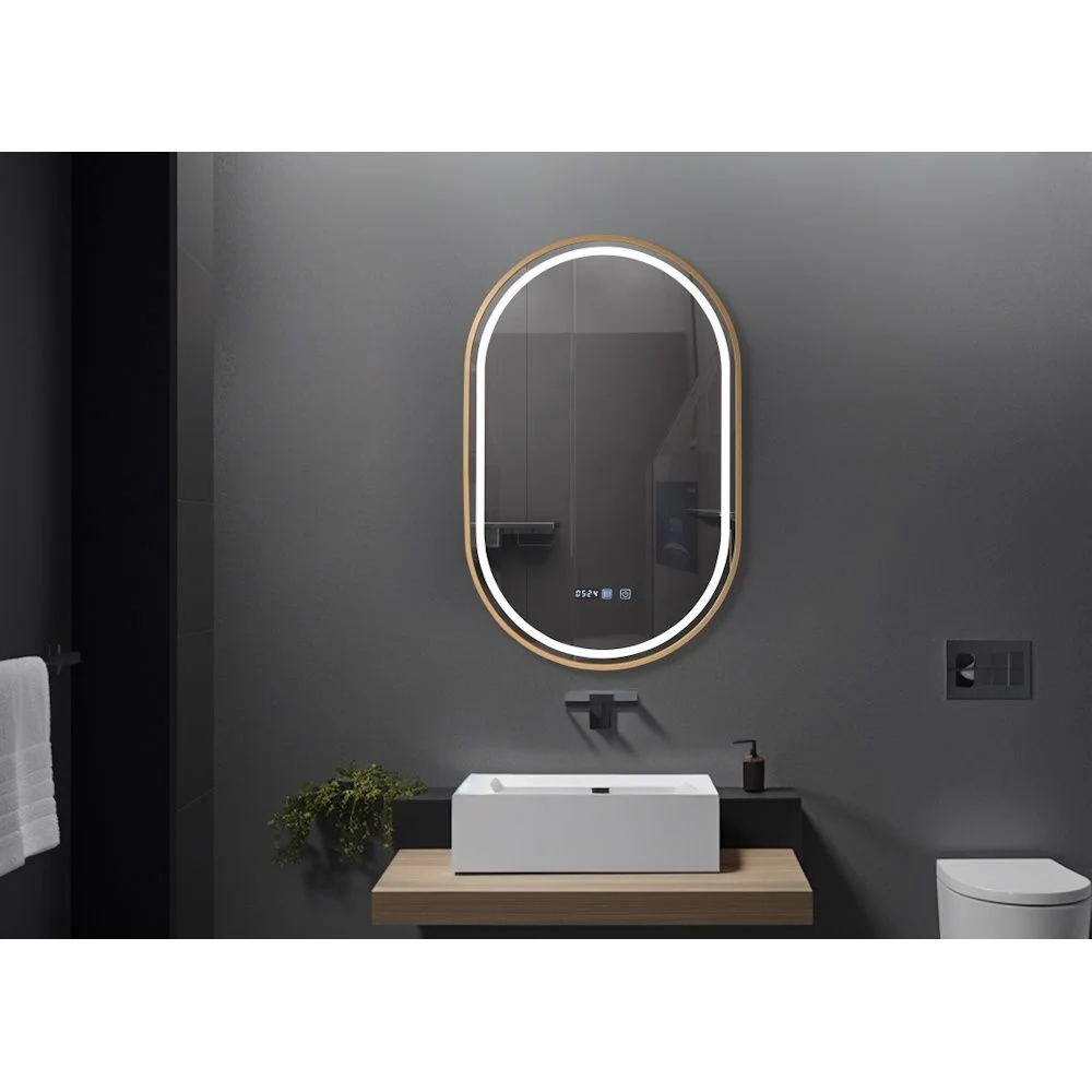 Oglinzi baie - Oglinda baie cu iluminare LED si ceas 50x80 cm, rama aurie, Belform Fortuna