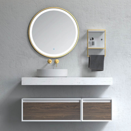 Mobilier baie - Oglinda rotunda cu iluminare LED, dezaburire si rama aurie, 90 cm, Fluminia Gold Lady