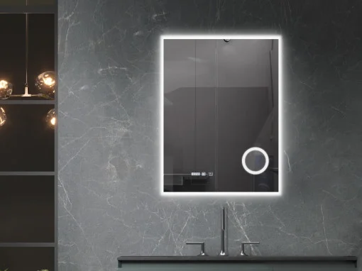 Oglinzi baie - Oglinda LED baie, 60×80 cm, cu touch, dezaburire, ceas digital, lupa cosmetica, Belform Atlantis