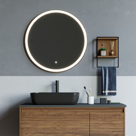 Oglinda rotunda 60 cm cu rama neagra, iluminare LED si dezaburire, Fluminia, Ando [1]