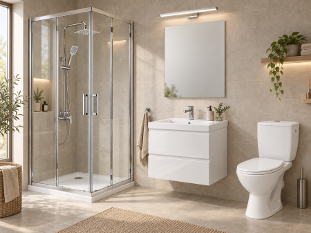 Bai complete - Pachet baie completă cu cabină de duș 80x80 cm, mobilier, lavoar și WC  Foglia Essential 2