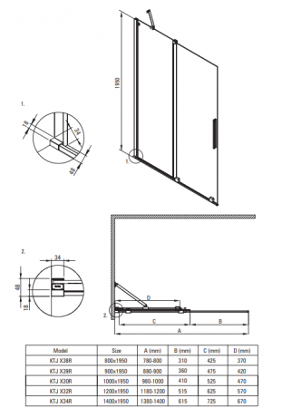 Paravan duș glisant 120x195cm, sticlă securizată 6 mm, cu finisaj alb mat. Deante Prizma [9]