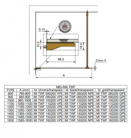 Paravan de dus fix, 80x200 cm, sticlă securizată 8 mm, profil auriu, Roth Melina [2]