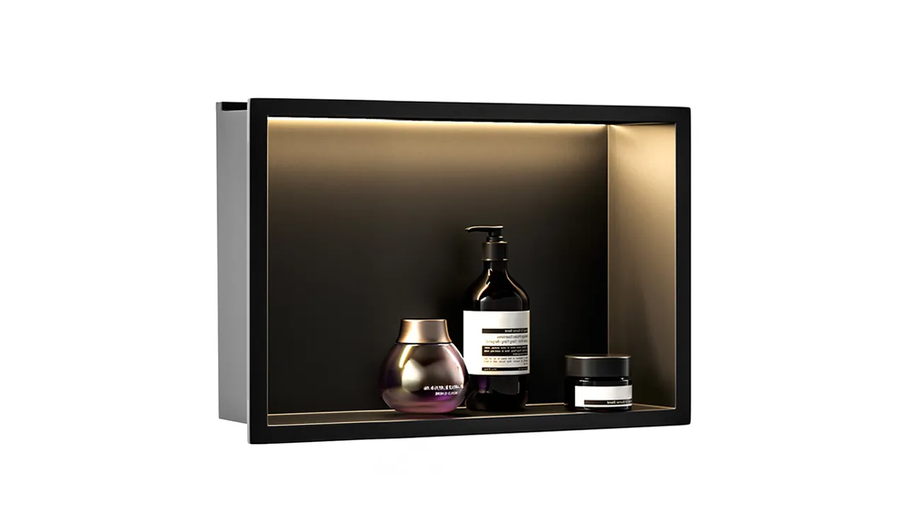 Raft baie incastrat in perete 30x45 cm, negru mat, cu LED, Rea [2]