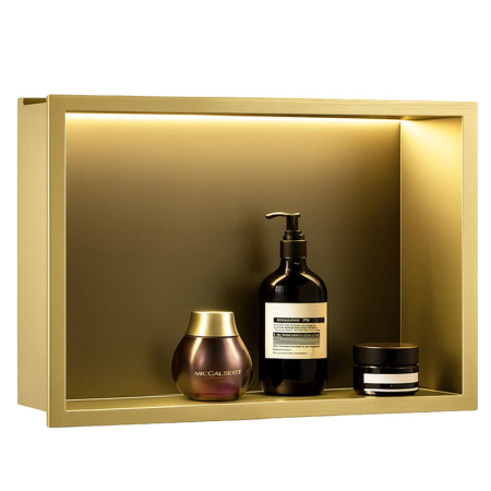 Raft baie incastrat in perete 48x33 cm, iluminare LED, auriu periat, Rea [3]