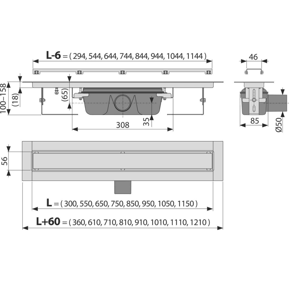 Rigola dus faiantabila iesire laterala 1150 mm Alcadrain APZ15-1150 [2]