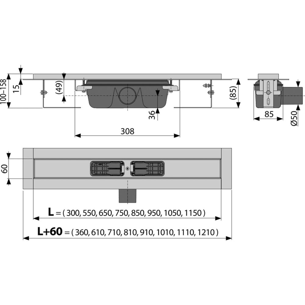 Rigola dus faiantabila iesire laterala 1150 mm Alcadrain APZ1-1150 [1]