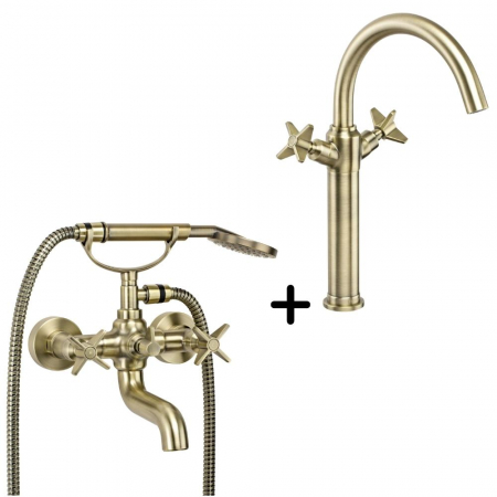 Baie completa - Set baterie cada bronz si baterie lavoar inalta cu ventil click-clack Deante, Temisto