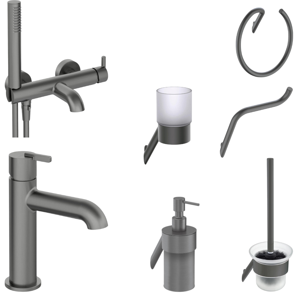 Seturi baterii cada, baterii lavoar si accesorii - Set baterie cada si baterie lavoar cu accesorii baie Deante Silia, titan mat