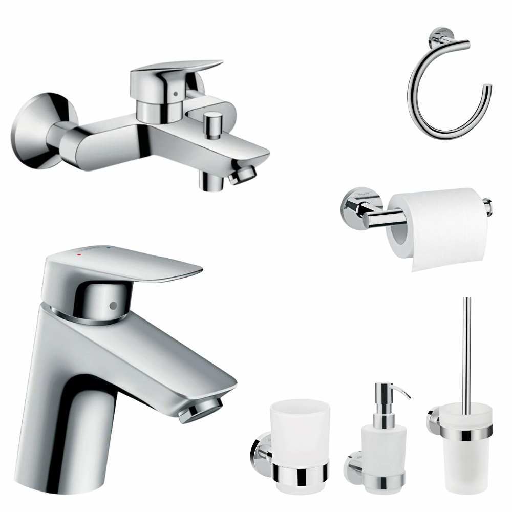 Perechea perfecta - Set baterie cada si baterie lavoar cu accesorii baie Hansgrohe Logis, crom lucios