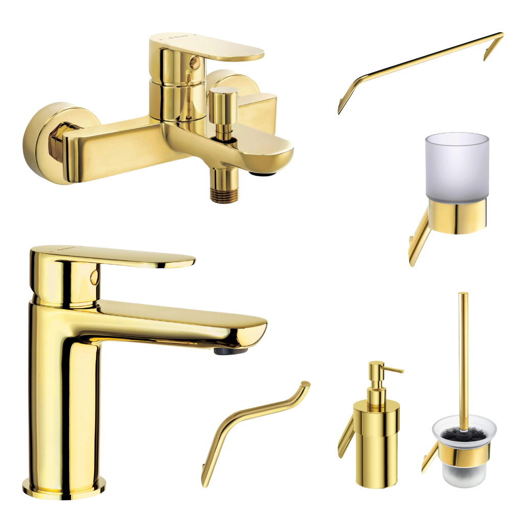Seturi baterii cada, baterii lavoar si accesorii - Set baterie cada si baterie lavoar Deante Alpinia cu accesorii baie Deante Silia, auriu