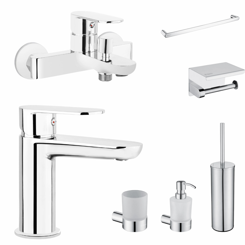 Seturi baterii cada, baterii lavoar si accesorii - Set baterie cada si baterie lavoar Deante Alpinia cu accesorii baie Deante Round, crom