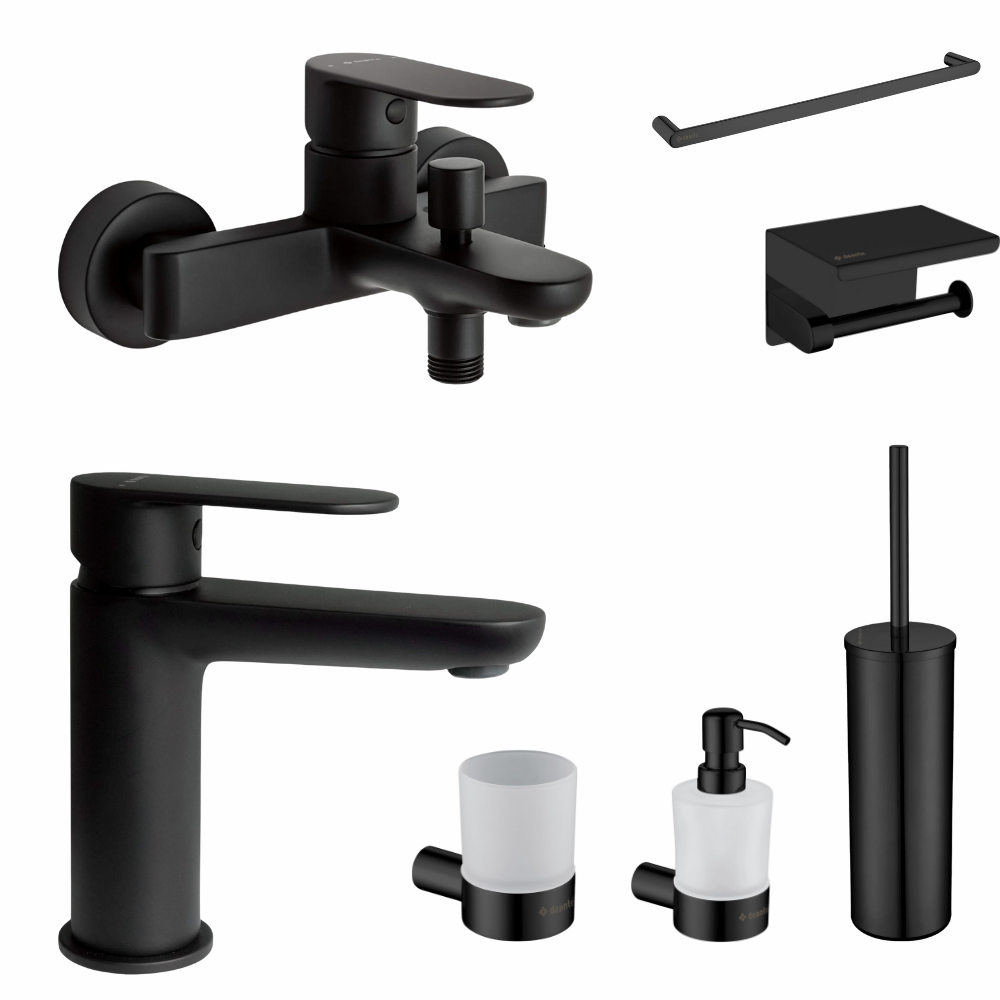 Seturi baterii cada, baterii lavoar si accesorii - Set baterie cada si baterie lavoar Deante Alpinia cu accesorii baie Deante Round, negru