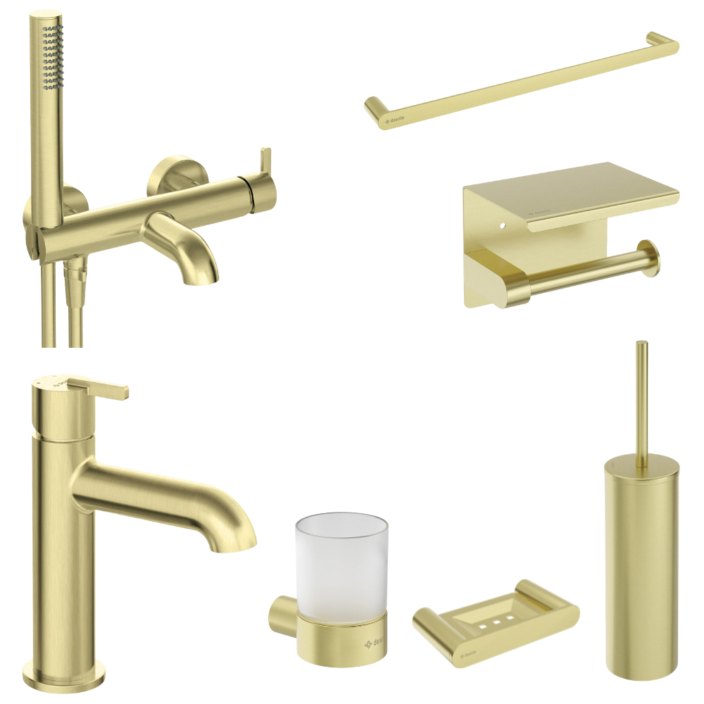 Perechea perfecta - Set baterie cada si baterie lavoar Deante Silia cu accesorii baie Deante Round, auriu periat