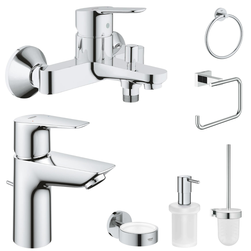 Seturi baterii cada, baterii lavoar si accesorii - Set baterie cada si baterie lavoar Grohe BauEdge cu accesorii baie Grohe Essentials, crom lucios