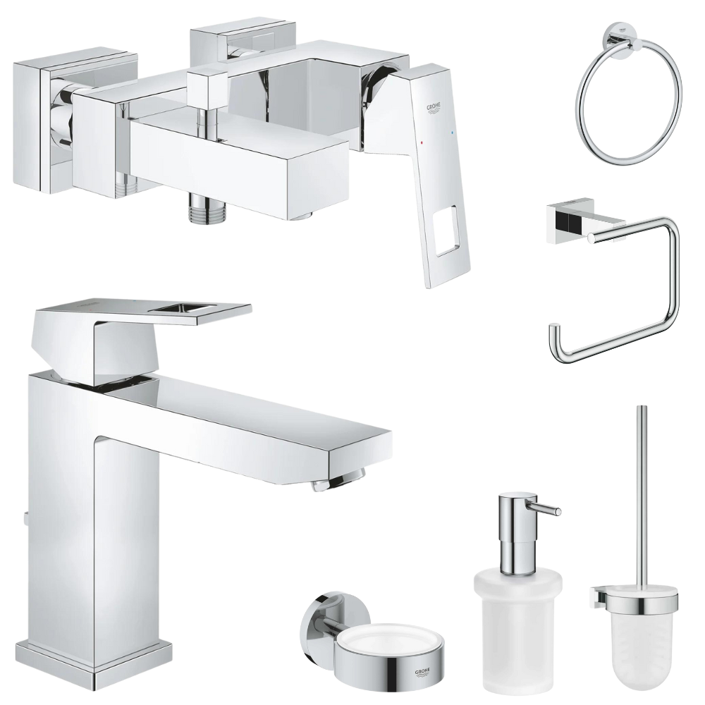 Seturi baterii cada, baterii lavoar si accesorii - Set baterie cada si baterie lavoar Grohe Eurocube cu accesorii baie Grohe Essentials, crom lucios