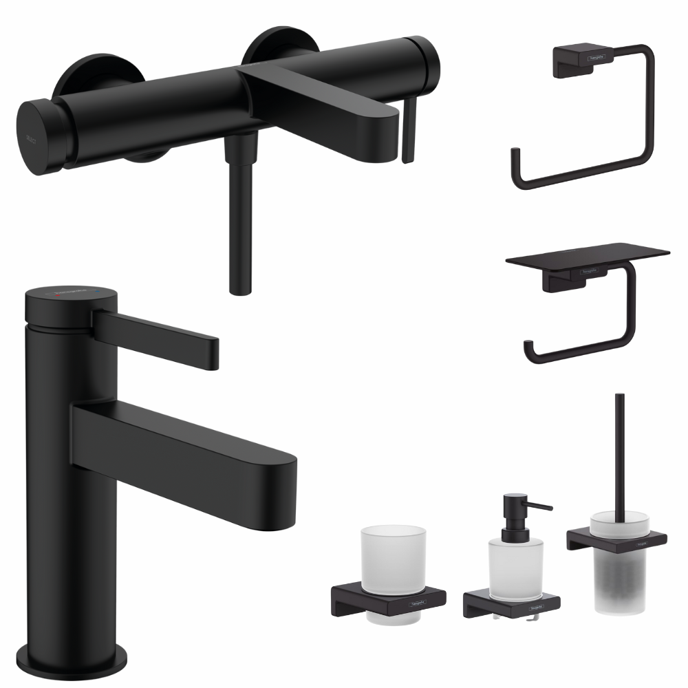 Perechea perfecta - Set baterie cada si baterie lavoar Hansgrohe Finoris cu accesorii baie Hansgrohe AddStoris