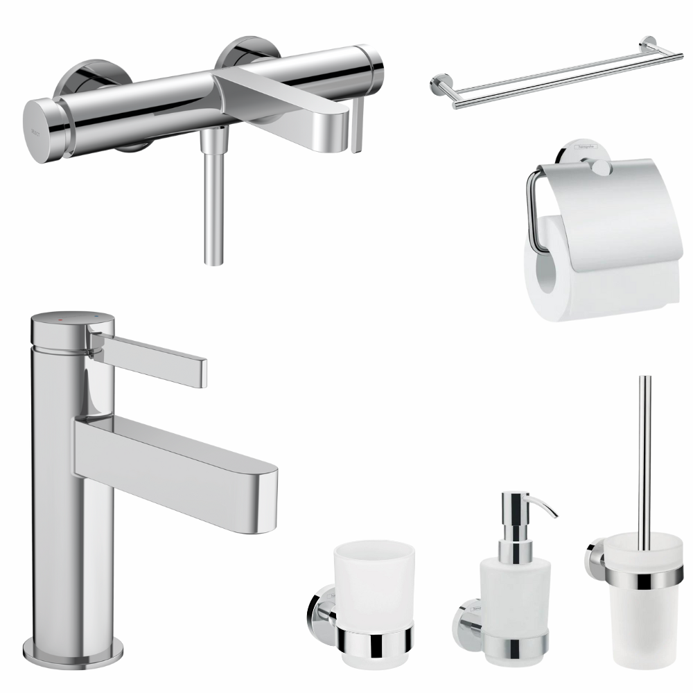 Perechea perfecta - Set baterie cada si baterie lavoar Hansgrohe Finoris cu accesorii baie Hansgrohe Logis, crom lucios