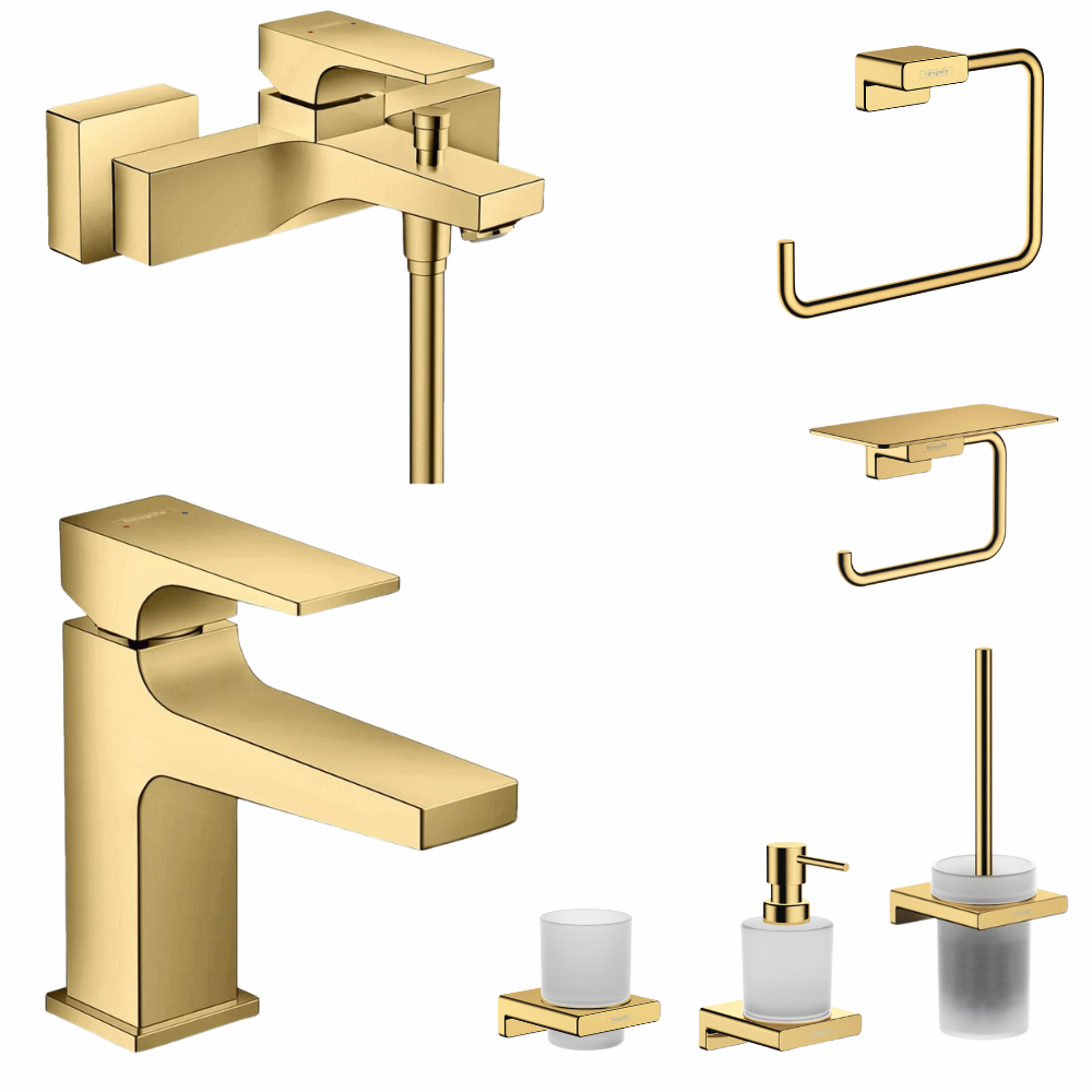 Perechea perfecta - Set baterie cada si baterie lavoar Hansgrohe Metropol cu accesorii baie Hansgrohe AddStoris, auriu lucios