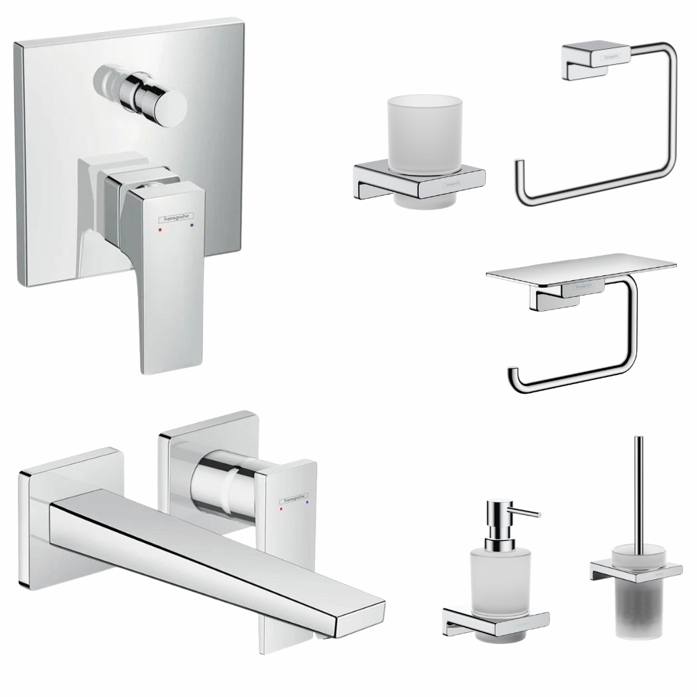 Perechea perfecta - Set baterie cada si baterie lavoar Hansgrohe Metropol cu accesorii baie Hansgrohe AddStoris, crom lucios