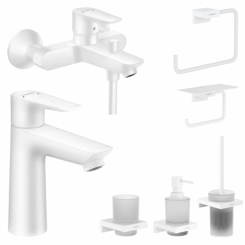 Seturi baterii cada, baterii lavoar si accesorii - Set baterie cada si baterie lavoar Hansgrohe Talis cu accesorii baie Hansgrohe AddStoris, alb mat